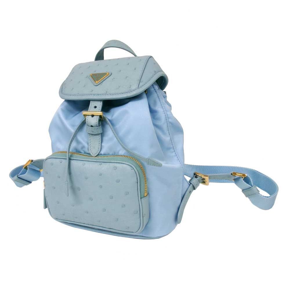 【新品】プラダ 1BZ074 TESSUTO+STRUZZO CIELO (ライトブルー系マルチ) バッグ リュック PRADA ナイロン オーストリッチ レザー トライアングル ロゴ バックパック アウトレット レディース 送料無料