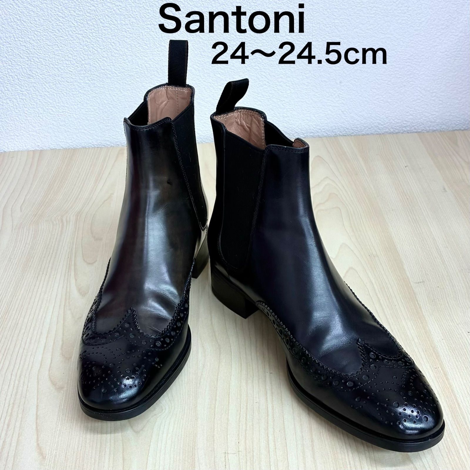 【サントーニ Santoni】美品！ウイングチップサイドゴアシューズ レザーブーツ 37.5 レディース ブラック ⭐︎ 13,160円
