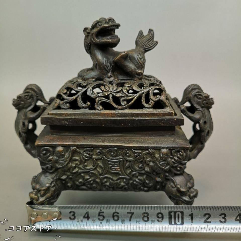 古銅造 獅子香炉 縁起物 香道具　美術品 銅 細工 獅子香炉 厚重 香道具 仏具 工芸品 美術品 置物
