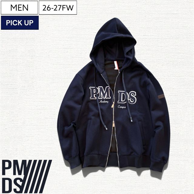 【LEON掲載/26-27秋冬最新作/定価59,400円】PREMIUM MOOD DENIM SUPERIOR -PMDS- ピーエムディーエス 大人の休日にピッタリな１着！ロゴパッチダブルジップパーカー フーディブルゾン FRONT LOGO ZIP P