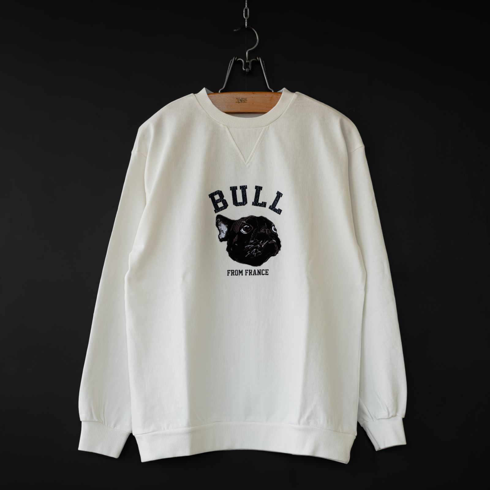 -新品- 【modem design】 college french bull light sweat (off white) | モデムデザイン カレッジ フレンチブル ライトスウェット ロンT ホワイト 白 ヘビーウェイト Lサイズ M-2410259