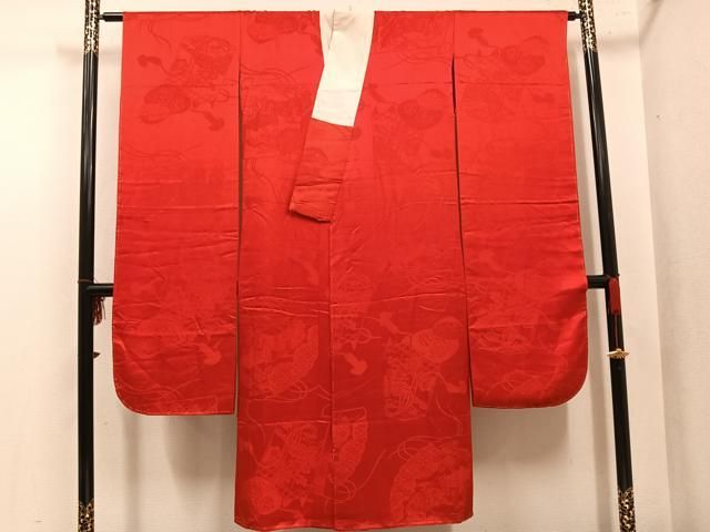 平和屋着物●振袖用長襦袢　袷　御所車貝桶花地紋　緋色　正絹　逸品　AABL8893ph