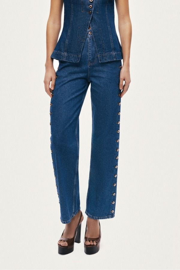 ノクチューン レディース ボトムス デニムパンツ Nocturneyelet Detail WideLeg Denim Pants Navy Blue ネイビー