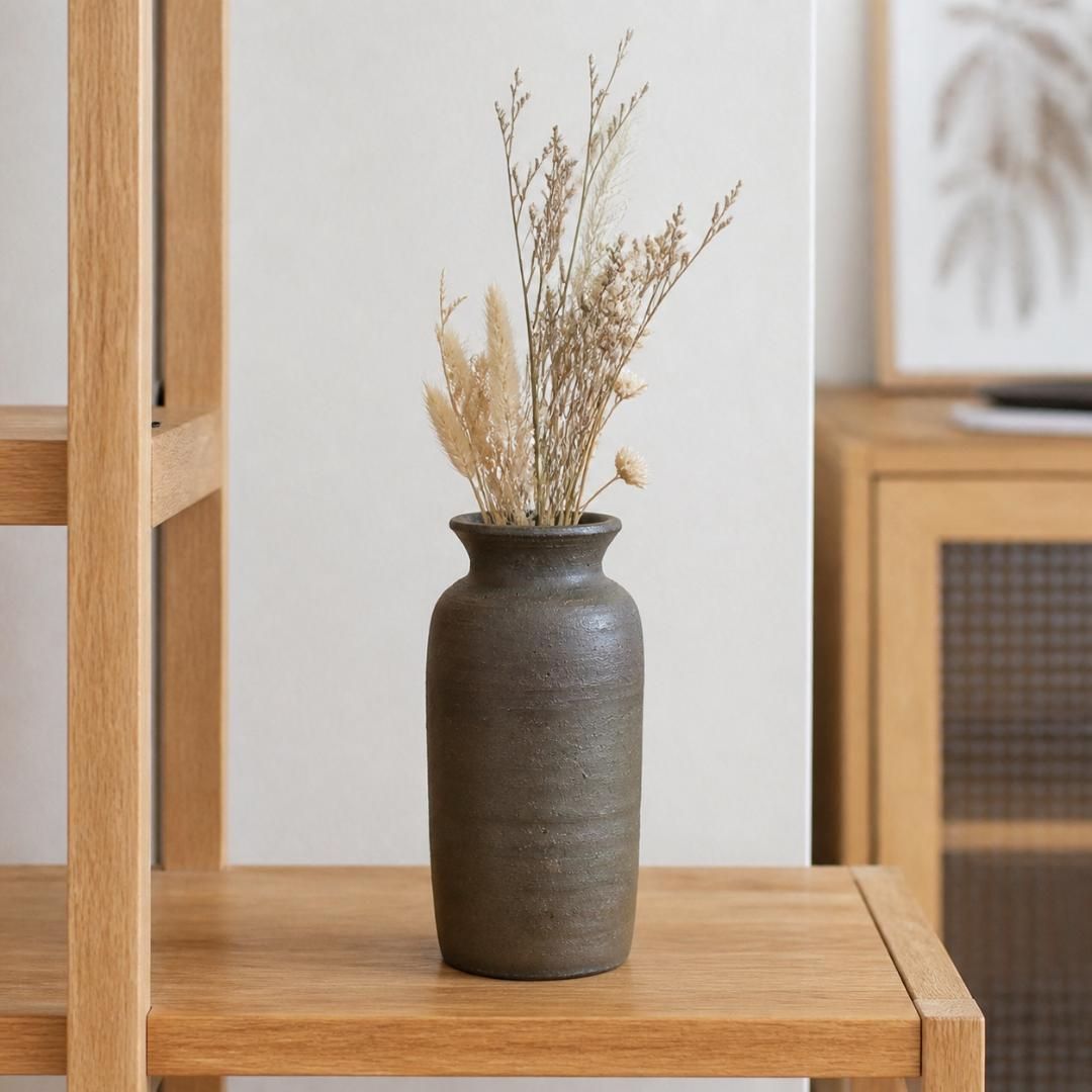 花器 陶器 一輪挿し 焼締め筒型花瓶 黒茶 広口 和モダン - メルカリ