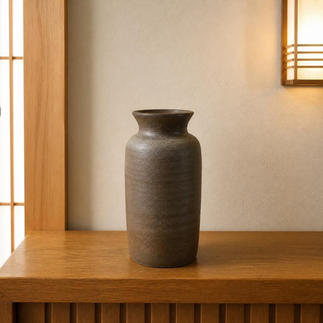 花器 陶器 一輪挿し 焼締め筒型花瓶 黒茶 広口 和モダン - メルカリ