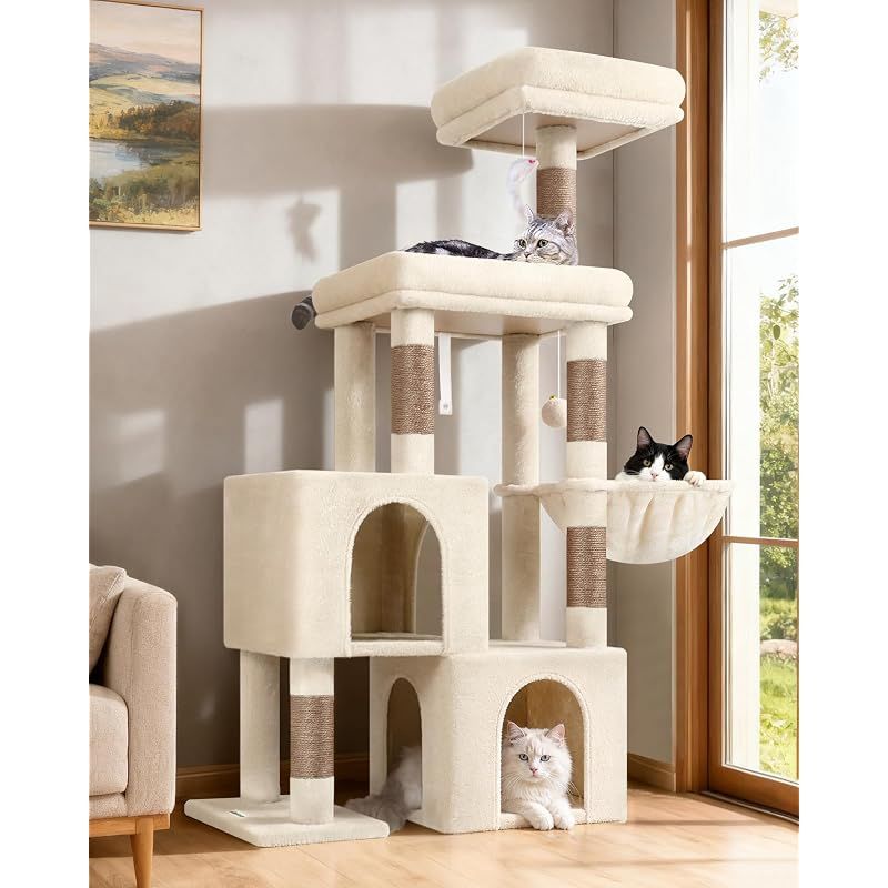 【新品】 Globlazer S52 キャットタワー 多頭飼い 大型猫用 低い 安定 頑丈 据え置き型 省スペース ハンモック付き ベージュ 0
