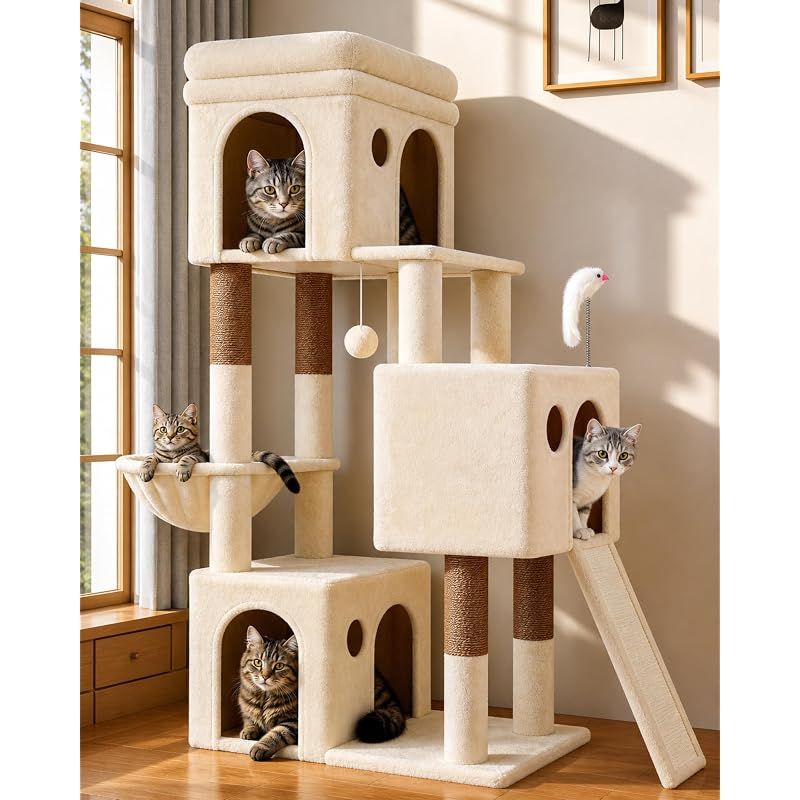 【新品】 Globlazer F52B キャットタワー 低い 多頭飼い 付い キャットハウス3つ ハンモック 子猫向 中型猫用 高さ133cm ベージュ 0