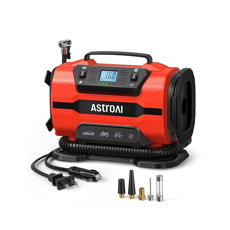 【新品】 AstroAI エアコンプレッサー 電動空気入れ 5 in 1 自転車 空気入れ 車用 AC/DC給電 150PSI レッド 7,096円