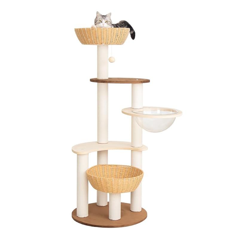【新品】 【なになにLife】 キャットタワー 据え置き 木製 大型猫 おしゃれ 天然木 大型 隠れ家 インテリア性 省スペース 多頭飼い スリム 見晴台 木目 シニア猫 短足猫 登りやすい インテリアに馴染む 猫タワー 宇宙船 クリアボウル 中型猫 子猫 0