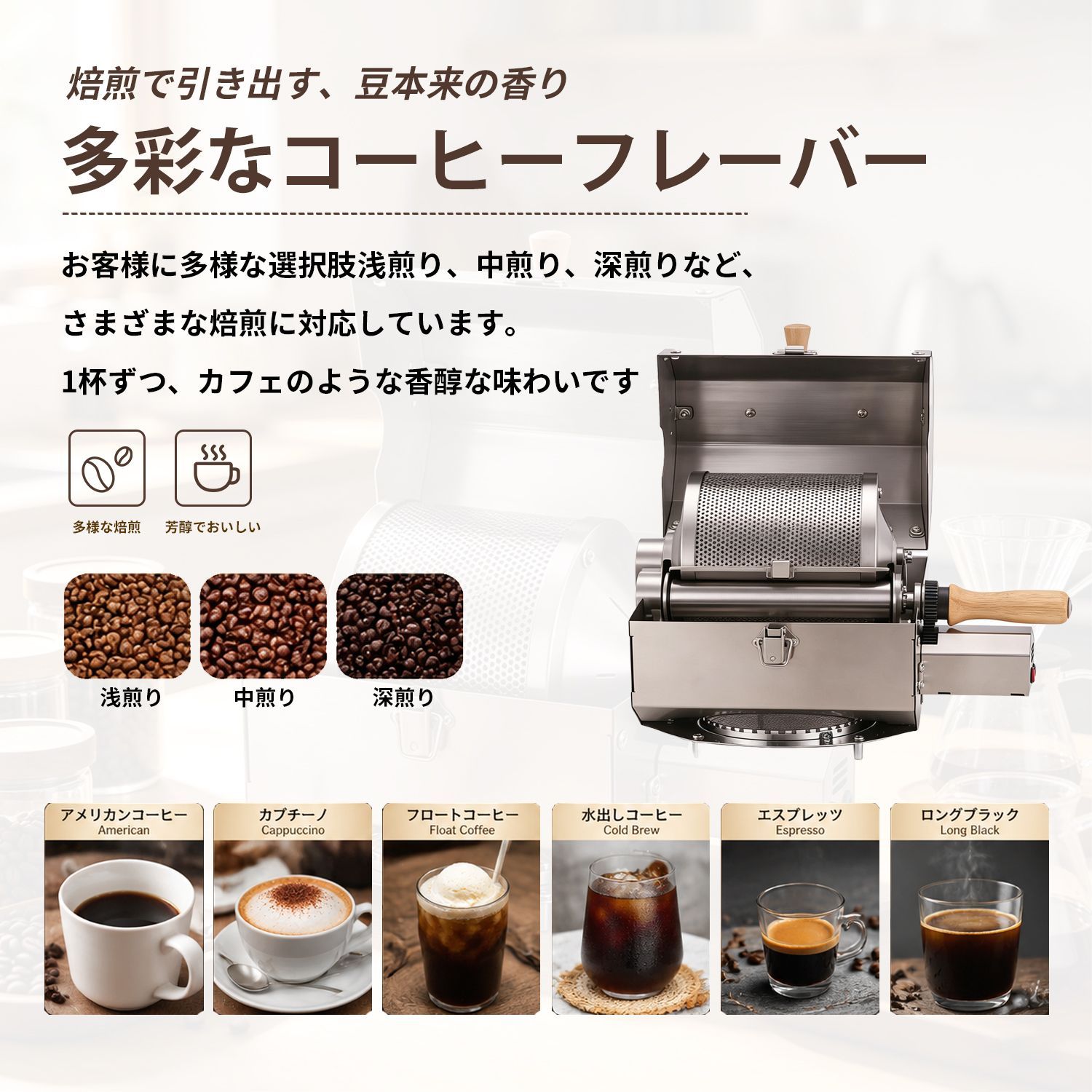 Kurflo コーヒー焙煎機 直火式回転焙煎機 電動焙煎機 ガス火対応 大容量450g 可変速モーター付き 自動回転 ステンレス製 家庭用 【蓋付き】