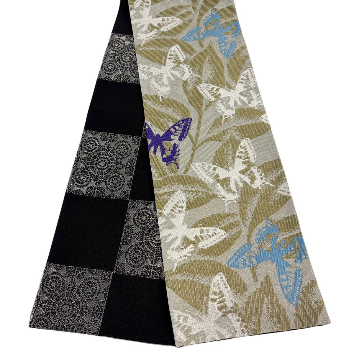 【美品】半幅帯 秀品 蝶 葉柄 鶯色 正絹 【中古】