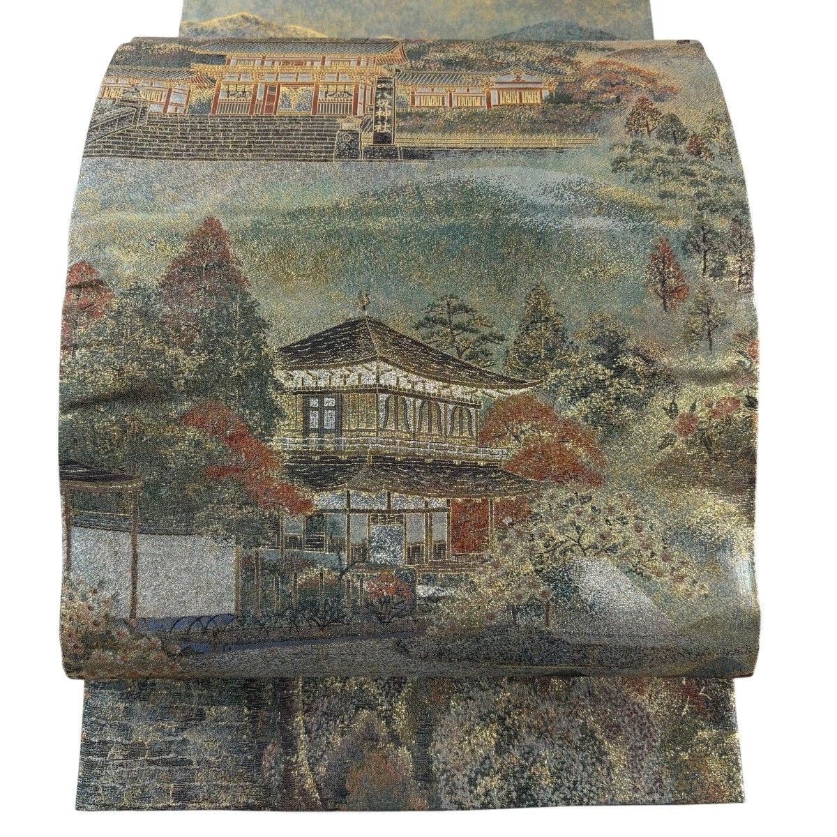 【美品】 丸帯 名品 建物 樹木 箔 灰緑 全通 正絹 【中古】 12,638円