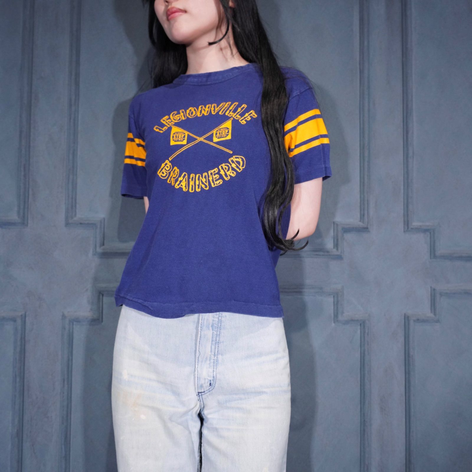 70's～80's USA VINTAGE champion LEGIONVILLE BRAINERD PRINT DESIGN FOOT BALL T SHIRT/70年代～80年代アメリカ古着チャンピオンバータグプリントデザインフットボールTシャツ
