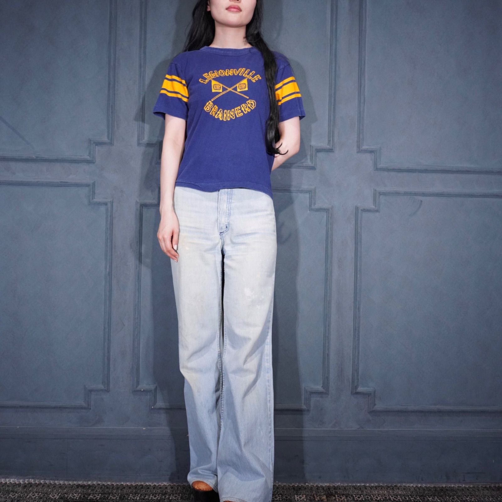 70's～80's USA VINTAGE champion LEGIONVILLE BRAINERD PRINT DESIGN FOOT BALL T SHIRT/70年代～80年代アメリカ古着チャンピオンバータグプリントデザインフットボールTシャツ
