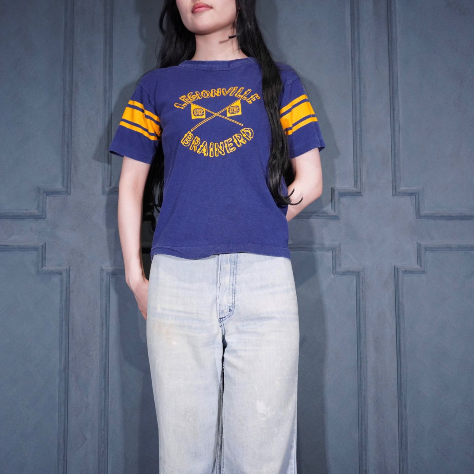 70's～80's USA VINTAGE champion LEGIONVILLE BRAINERD PRINT DESIGN FOOT BALL T SHIRT/70年代～80年代アメリカ古着チャンピオンバータグプリントデザインフットボールTシャツ