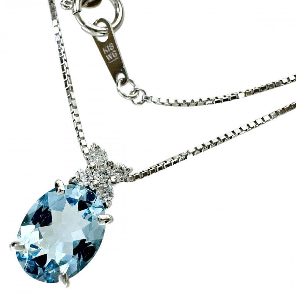 アクアマリン 1.30ct ダイヤモンド 0.10ct ネックレス K18WGホワイトゴールド 18金 4.0g 45cm レディース 【中古】【真子質店】【NN】
