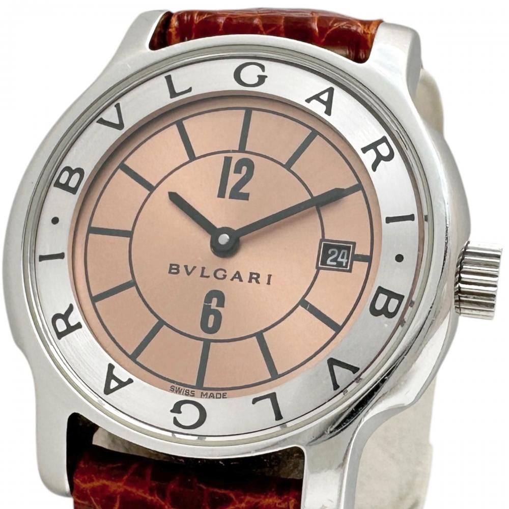【BVLGARI/ブルガリ】ST29S 腕時計 ステンレススチール/レザー クオーツ サーモンピンク文字盤/ブラウンレザー社外ベルト レディース 【中古】【真子質店】【GD】