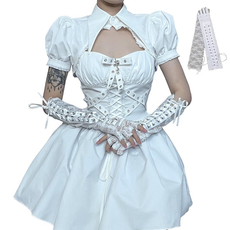 【新品】 [Sivrusn] ハロウィン コスプレ ワンピース ゴシック 白 アイドル衣装 パンク ミニドレス ゴスロリ ロリータ かわいい 甘ロリ 白 L