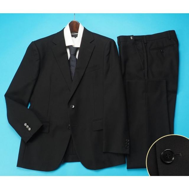 新品訳 大手スーツ専門店展開 超濃染 10マンス ウール100% フォーマルスーツ 礼服 ウエストアジャスター A5 黒(99) 0702-1