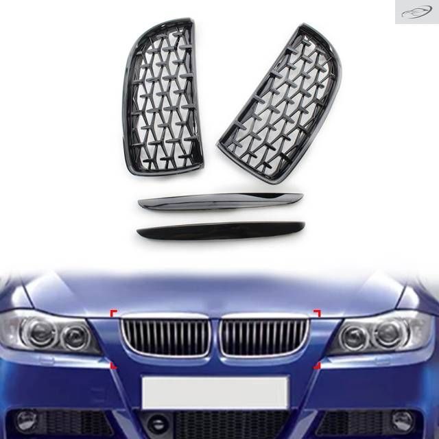 BMW 3シリーズ E90 E91 2006-2008用 フロントキドニーグリルフードアイリッドトリムブラック1ペアクーペ/M3モデルには非対応
