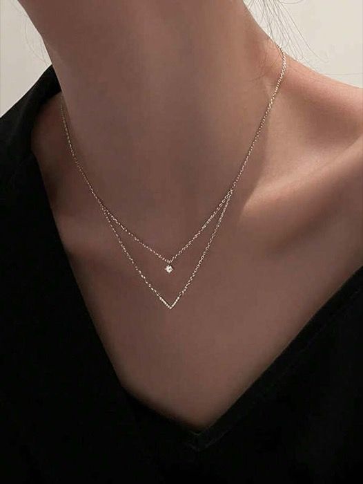 ネックレス ジュエリー レディース ペンダントネックレス 1個 女性用スパークリング ダブルレイヤー シェイプ ペンダントネックレス、ファッショナブルでパーソナライズされた スタイルの繊細なチョーカー thumbnail 3