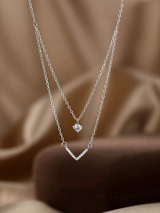 ネックレス ジュエリー レディース ペンダントネックレス 1個 女性用スパークリング ダブルレイヤー シェイプ ペンダントネックレス、ファッショナブルでパーソナライズされた スタイルの繊細なチョーカー thumbnail 2