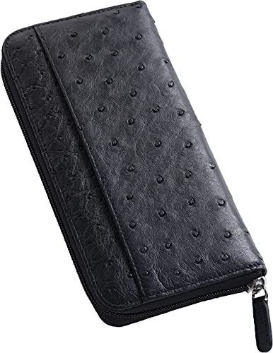 [三京商会] 財布 レディース メンズ オーストリッチ レザー 本革 ハーフポイント 長財布 ラウンドファスナー (Aタイプ, ブラック)pms 734e8515