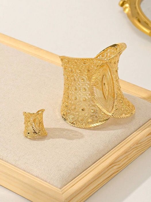 ジュエリー レディース セット ゴールド ドバイ セット、中空フローラル オープンワーク バングルと調整可能なリング、エレガントなファッションアクセサリー レディース用