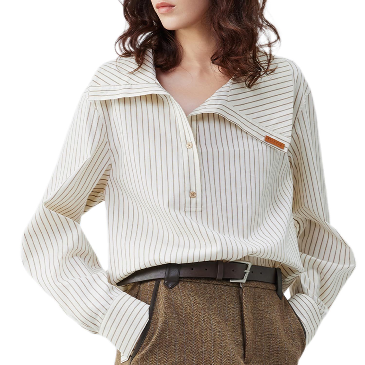 新品 [ELLE] ブラウス レディース ストライプ アシンメトリー 前立て 綿混 Hライン カーブヘム レザータグ 長袖 シャツ トップス ブラウン S M L (JP アルファベット XS)