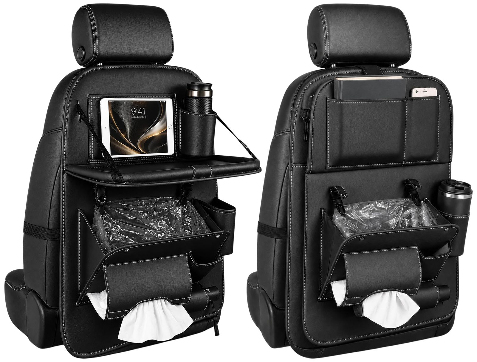 2 点セット シートバックポケット 折りたたみテーブル付 車内整理用 64×50cm ブラックAR f0526f4e