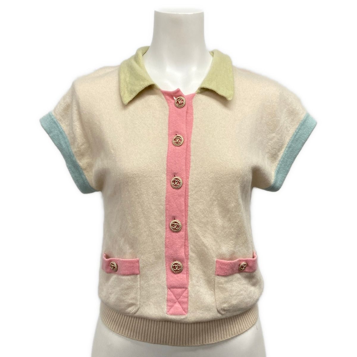 CHANEL(シャネル) 半袖セーター サイズ34 S レディース - P40309 ベージュ×ライトグリーン×マルチ 2011年 カシミヤ 106,975円