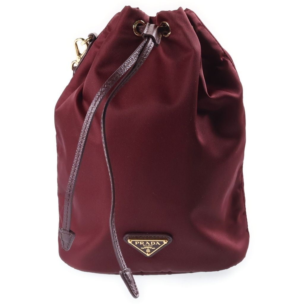 PRADA (プラダ) Re-Nylon トライアングルロゴ 巾着ポーチ ミニバッグ ボルドー ワインレッド レザー×ナイロン 1NS369 ゴールド金具 48,510円
