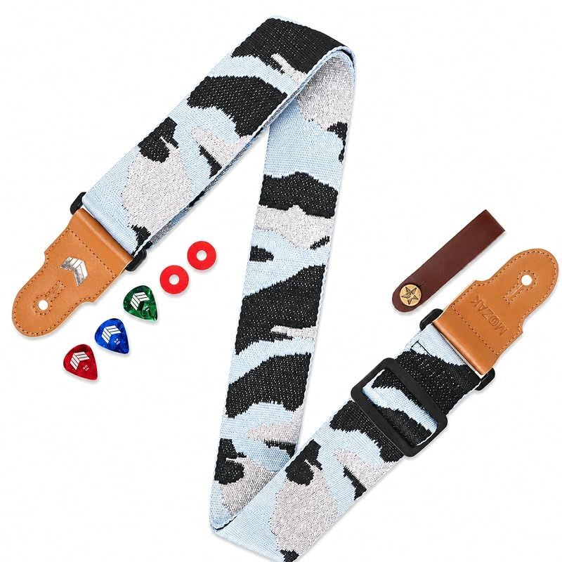 [Brand New] MOOZAK Guitar Strap Sky Blue Glittering Polyester Jacquard Embroidery Design | Compatible with Acoustic Electric Basses | Strap Lock Pick Headstock Tie | Length Adjustable