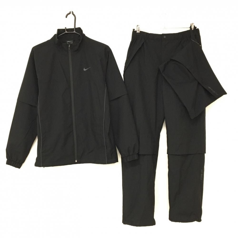 【美品】ナイキゴルフ レインウェア(2WAYジャケット×パンツ) 黒×グレー 袖着脱可 メッシュ裏地 収納袋付き メンズ M ゴルフウェア NIKE