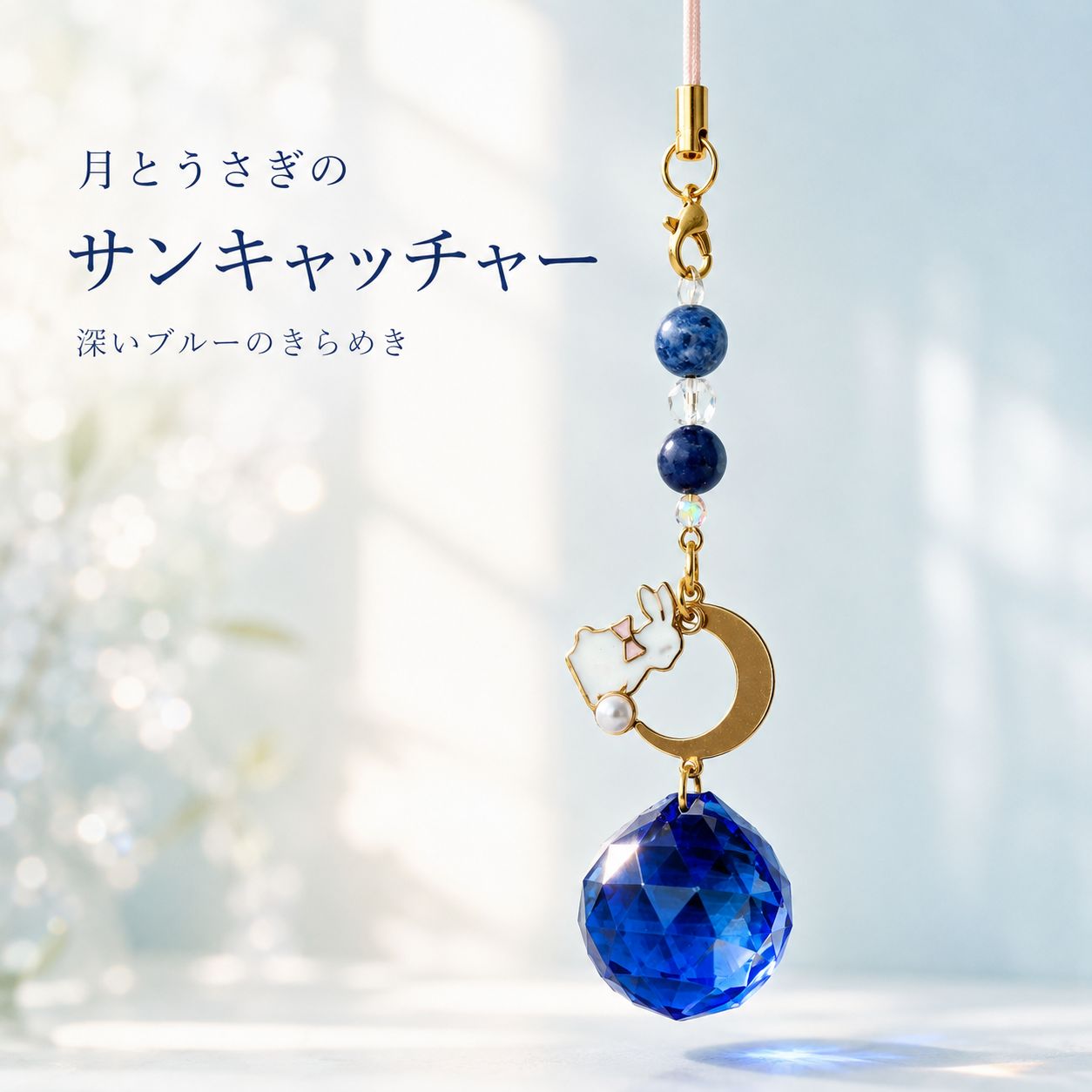 月とうさぎのサンキャッチャー ソーダライト 天然石 お守りチャーム 青