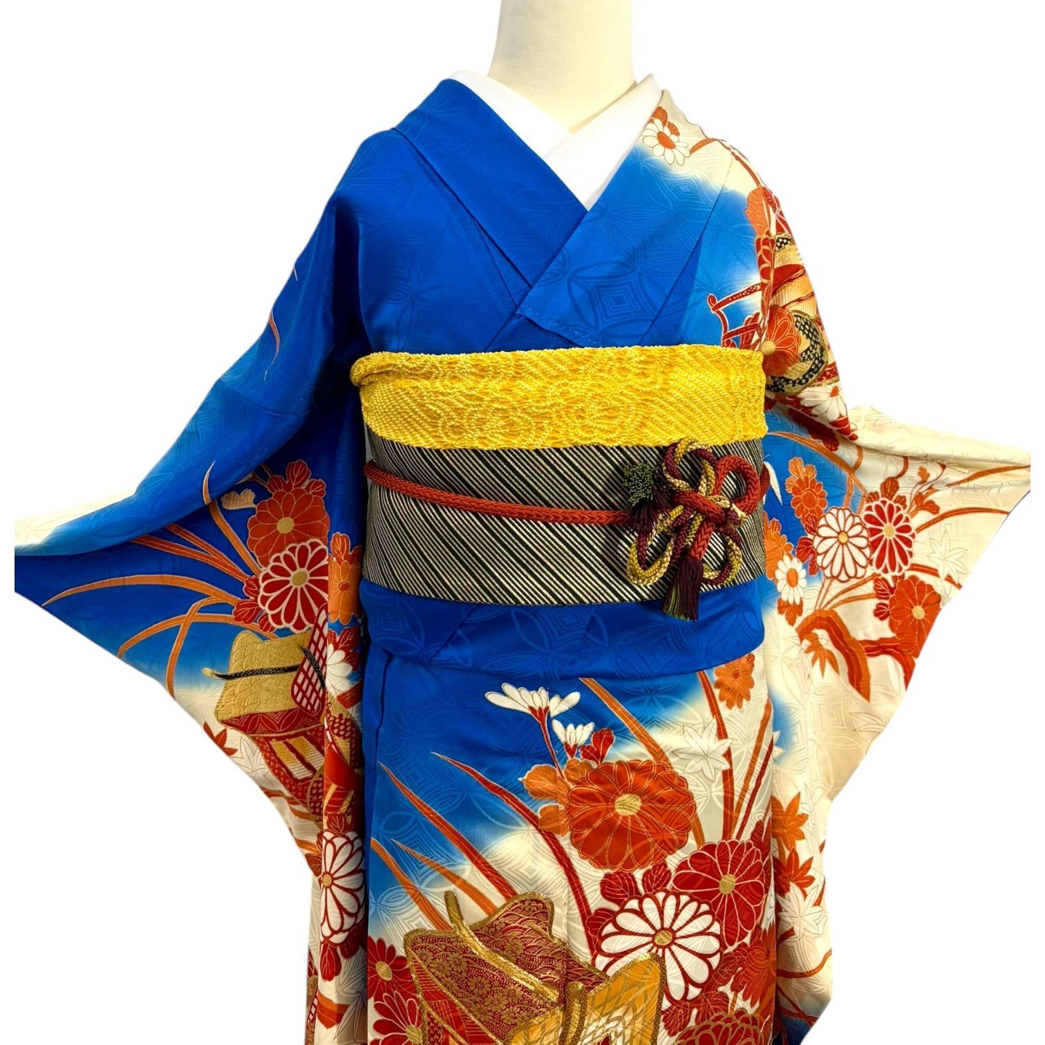 正絹 振袖 単品 青 雲取り 菊 御所車 古典柄 成人式 結婚式 - メルカリ