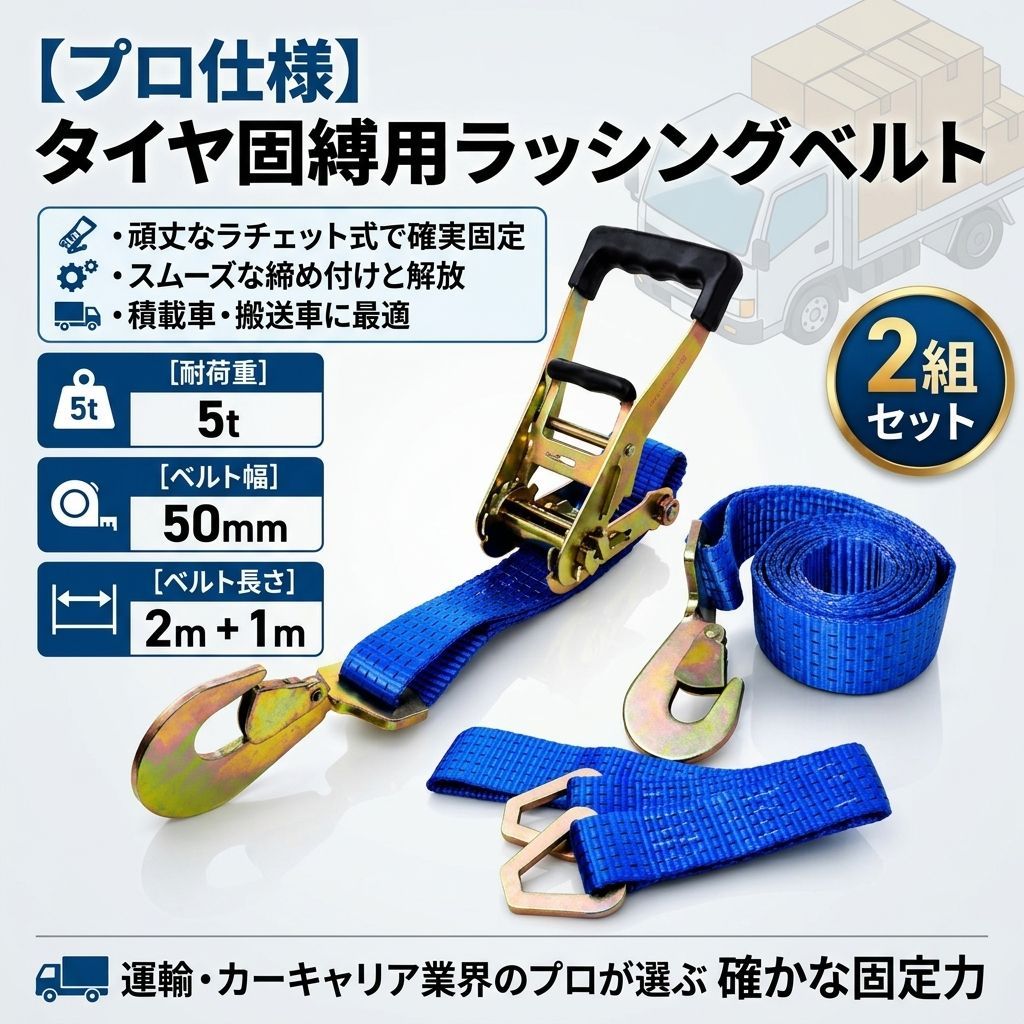 ラッシングベルト ラチェット D型リング 追加ベルト付き ブルー 2セット | 耐荷重 5t ベルト幅 50mm ベルト長さ 2m+1m | ポリエステル製 高耐久 頑丈 積載車 車両固定 スナップフック ツイストタイプ ラチェット式 タイヤ固縛