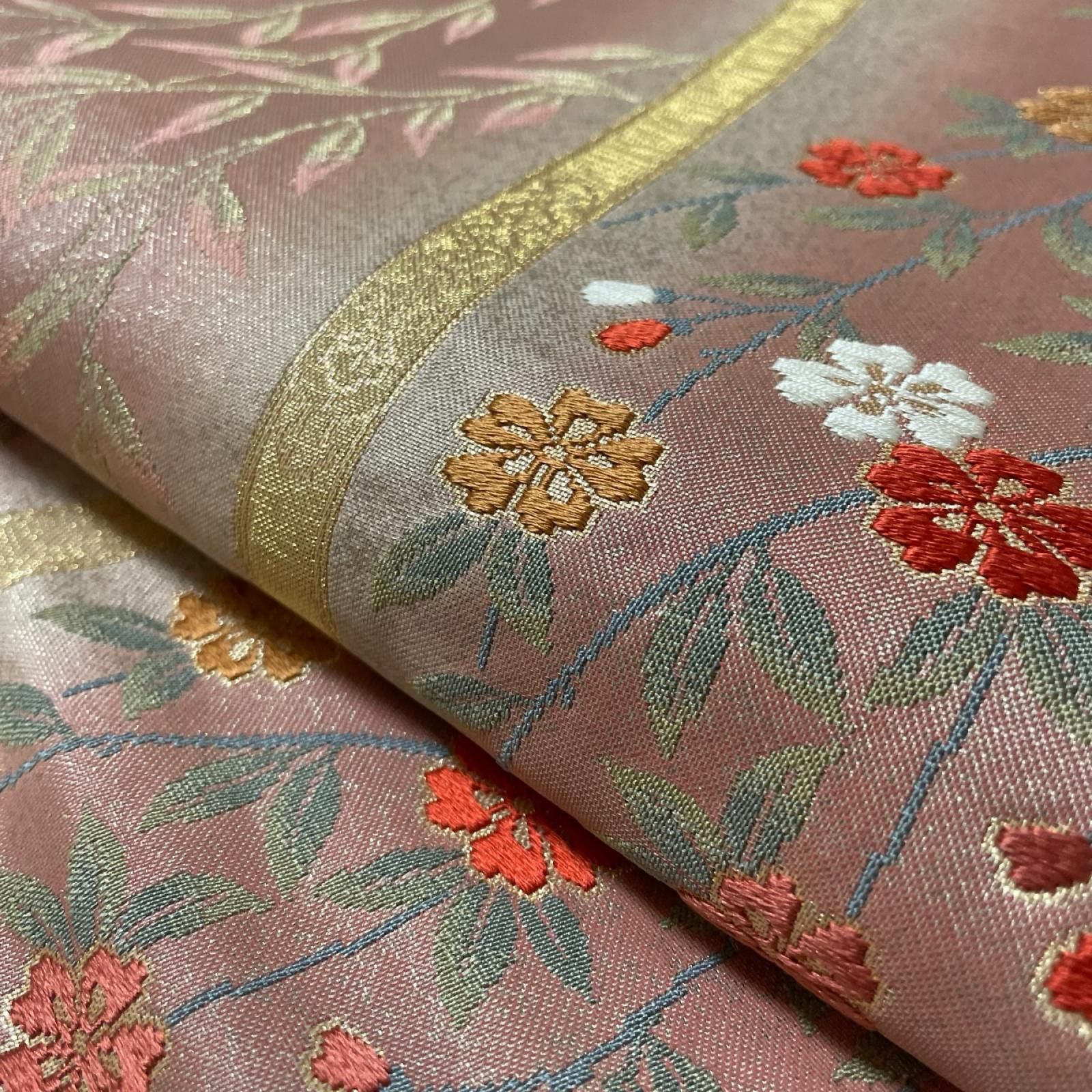 名古屋帯 金彩 唐織 花模様 九寸 正絹 着物 X-7820