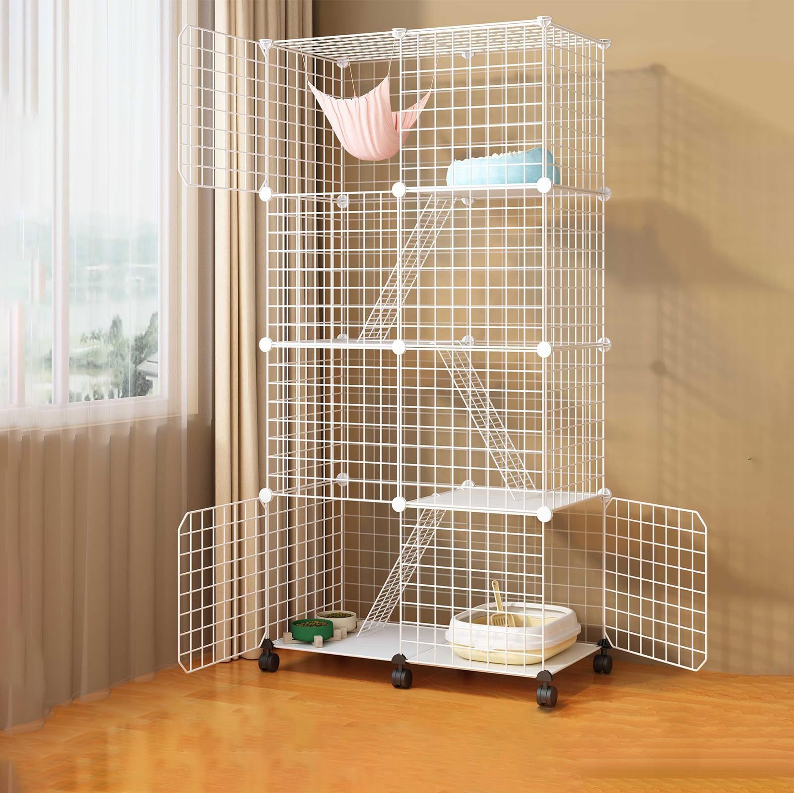 UYTON 猫ケージ 組み立て完成サイズ 猫ハウス 4段[ 75*36*152cm] [ホワイト]大型猫用 室内用猫のゲージ 移動便利 折り畳み式 組立簡単 取り外し可能なペット用品 室内飼い DIY 組え 組み換え自由な棚板お手 室内遊び用 ペット用収 Ju