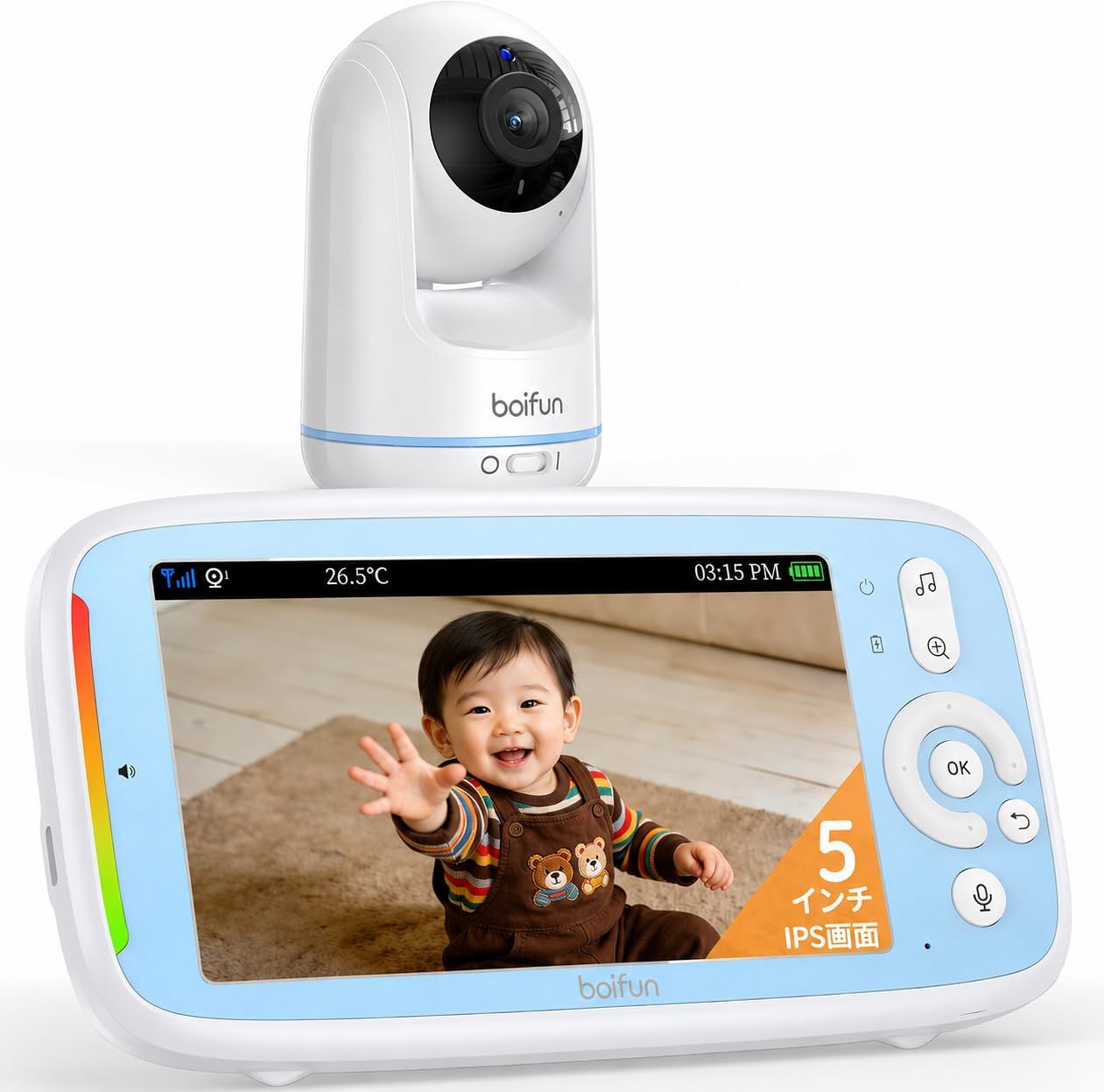 2026 新登場 BOIFUN ベビーモニター WiFi 不要 5 インチ大画面 1080P 高清 見守りカメラ 暗視 3 倍ズーム 温度検知 双方向通話 子守歌 & タイマー機能 設定不要 長距離受信 ベビールーム専用 出産祝い・プレゼントに最適 初産 Ju
