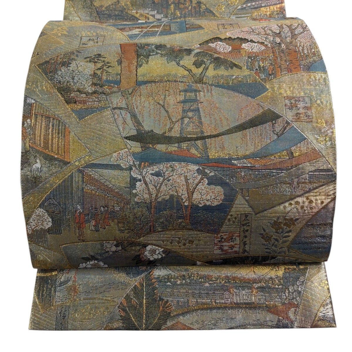 【美品】 丸帯 名品 名所大江戸百景 二十四金プラチナ二重箔 灰緑 全通 正絹 【中古】