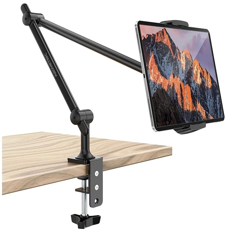 【新品】 タブレットアーム アルミ製 iPadスタンド ブラック AboveTEK スマホ対応 角度調整 360°回転 縦横置き両用 寝ながら ベッドで動画視聴用 Cクランプ式 4関節 卓上 4.7～13.5インチ タブレットスタンド iPad Pro A 0