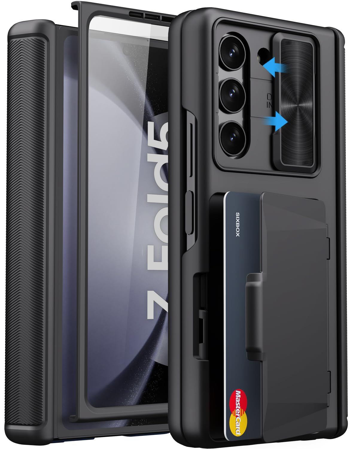 SIXBOX Samsung Galaxy Z Fold 5用ケース カードホルダー&スライドカメラカバー付き、内蔵スクリーンプロテクター&ヒンジ保護、耐衝撃性 耐久性 財布型スマホケース Galaxy Z Fold [ブラック] [Fold 5 Case]