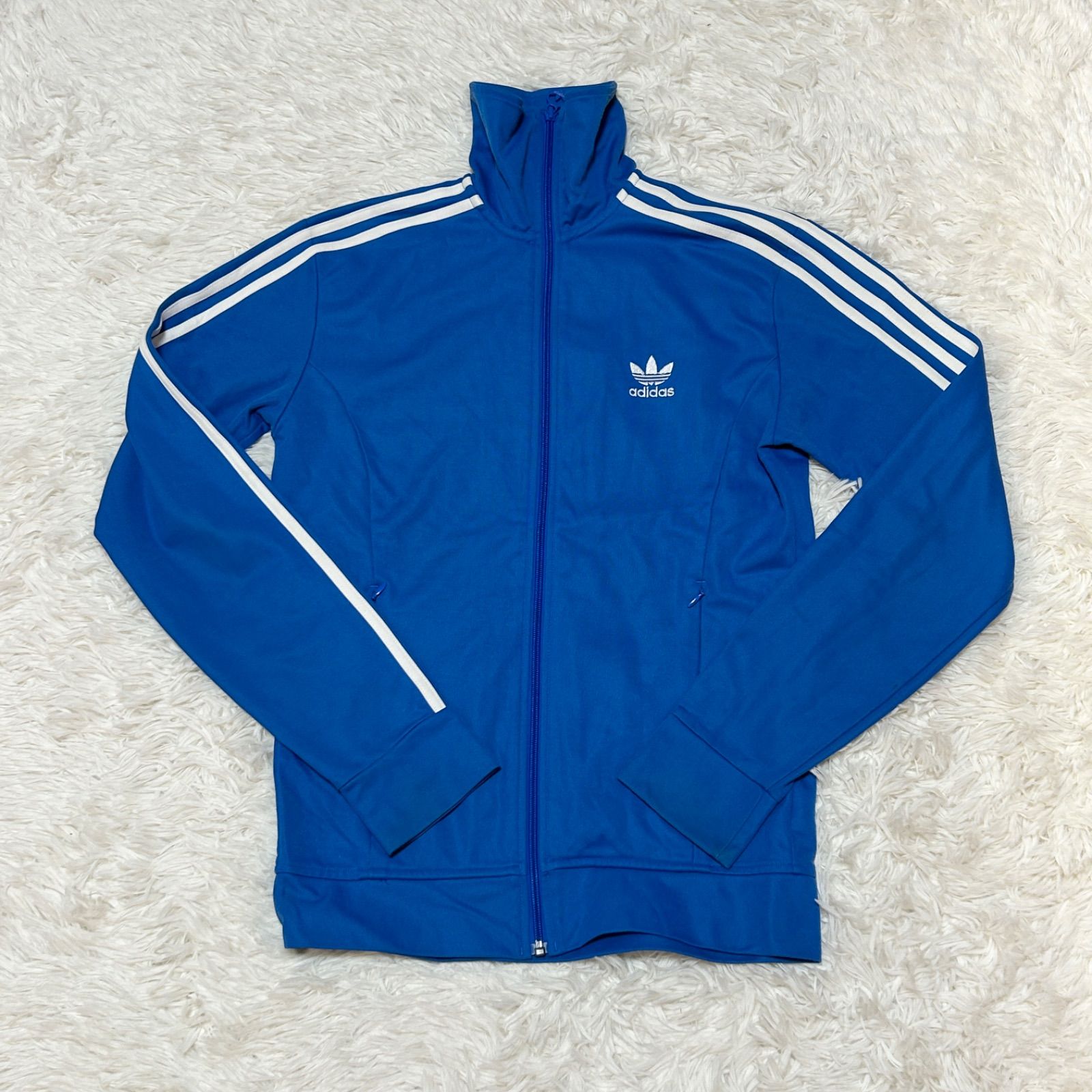 古着 adidas アディダス トラックジャケット トレフォイルロゴ 刺繍 リーフ柄 スリーストライプス ブルー 95サイズ 266-71