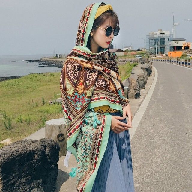Large scarf, large shawl, coat, lap cover, shoulder strap, women's, stylish, casual, ethnic style, geometric pattern, tassel, sunscreen, cooling