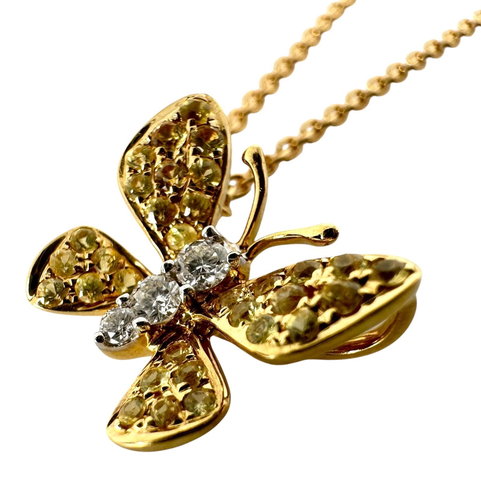 【LA SOMA】 ラソマ K18ネックレス 蝶モチーフトップ K18YG D0.08ct S0.26ct 3.4g 45.5cm レディース ジュエリー アクセサリー 宝石 【中古】 USED-A 【9304】