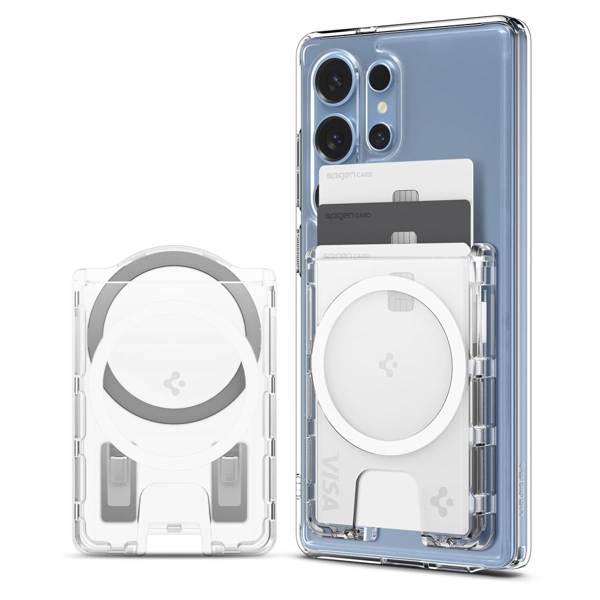 Brand New [Galaxy S26/S25 Series Only] Spigen Double Sided Magnetic Card Case Anti-slip Silicone Pattern Clear Card Holder 3 Card Storage Wallet Ultra Hybrid Magfit+ AFA09207 (Crystal Clear)