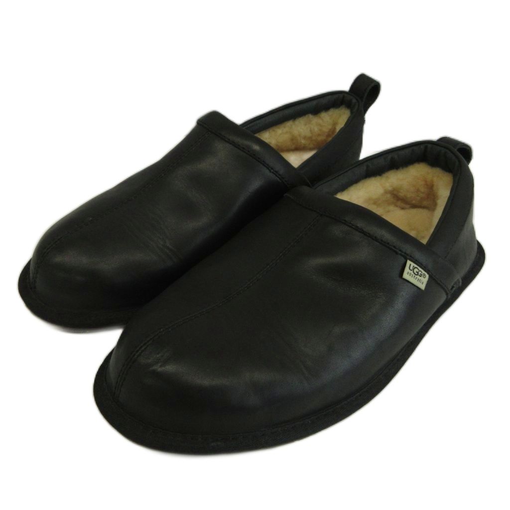アグ オーストラリア UGG australia ムートンスリッパ ルームシューズ 牛革 スムースカーフレザー ロゴ US10 28cm 黒 ブラック 3008 /XZ ■GY62