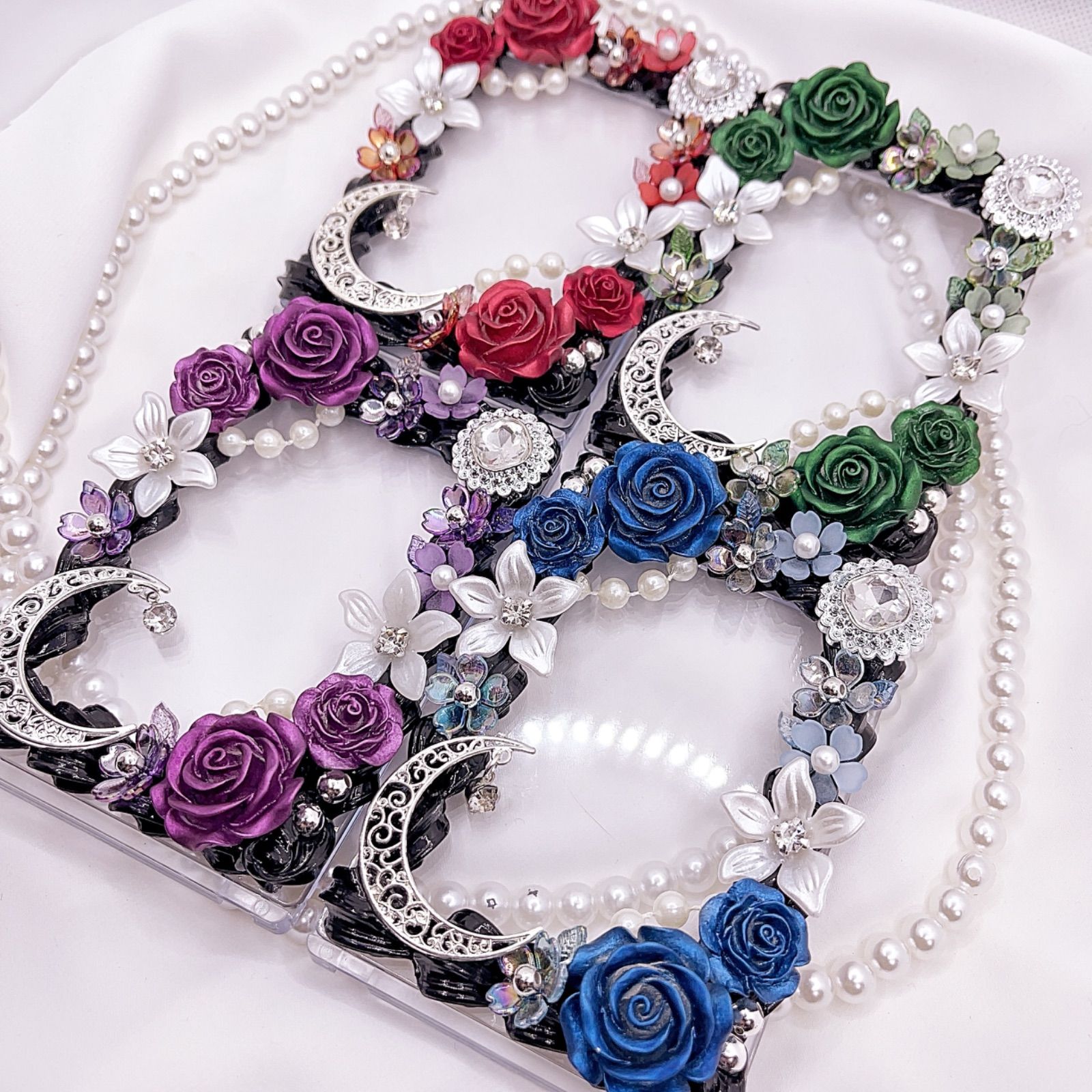 受注制作】トレカケース 月シルバー 薔薇 赤 青 紫 緑 黒ホイップ