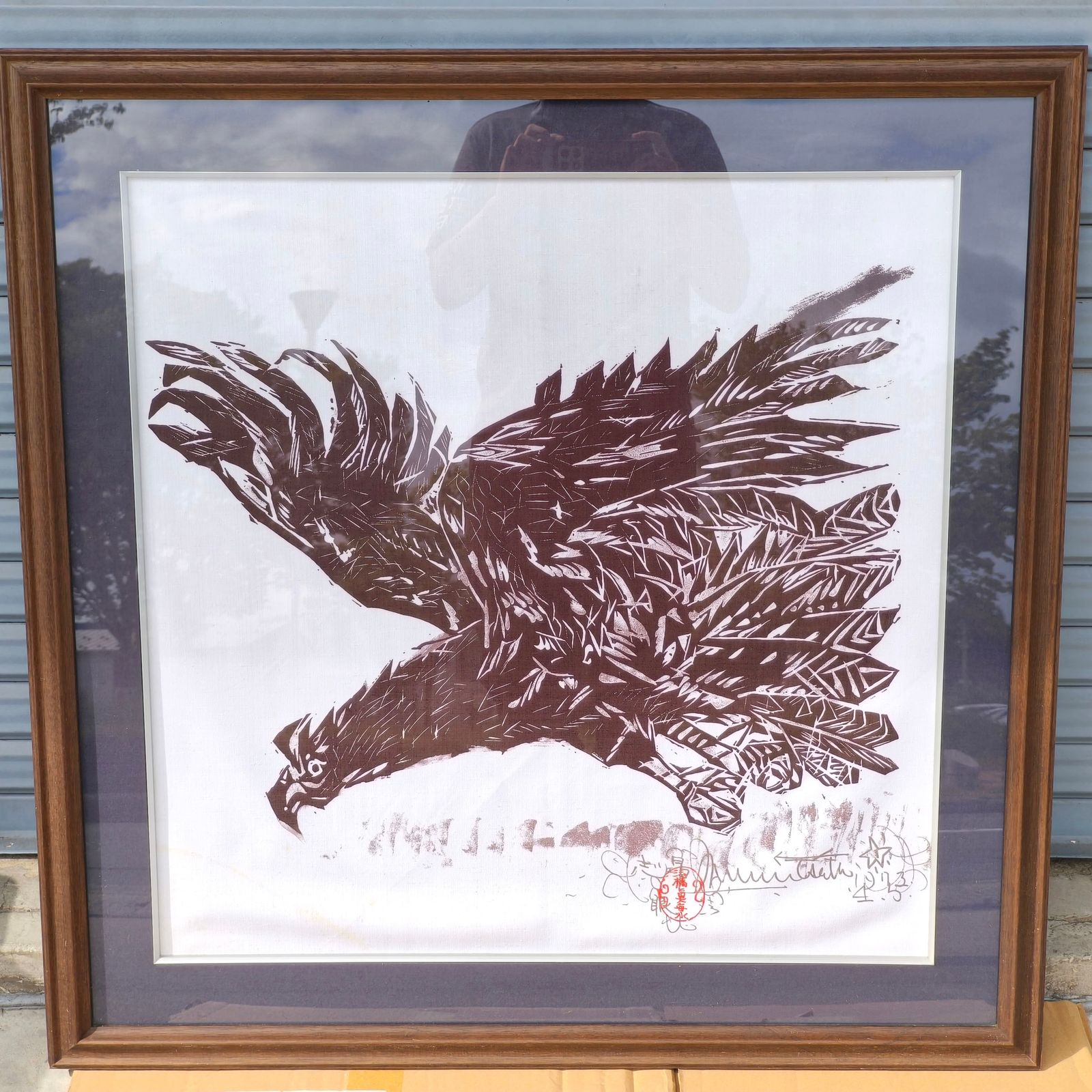 棟方志功・『大鷹の柵』・タペストリー・額装・額寸約87×87cm・No.250912-49・梱包サイズ200